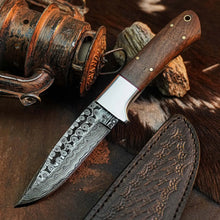 Load image into Gallery viewer, 8.8" Handmade Damascus Bushcraft Knife – Full Tang Wood Handle &amp; Sheath