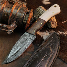 Load image into Gallery viewer, 9.2" Handmade Damascus Bushcraft Knife – Full Tang Wood Handle &amp; Sheath