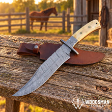 Load image into Gallery viewer, Bonecrest Damascus Bowie Knife – Cow Bone Handle &amp; Mosaic Pins