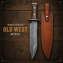 Load image into Gallery viewer, Hand Forged Bowie Hunting Knife with Wooden Handle &amp; Leather Sheath
