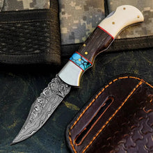 Load image into Gallery viewer, Damascus Hunting Pocket Knife with Camel Bone, Wenge &amp; Resin Handle