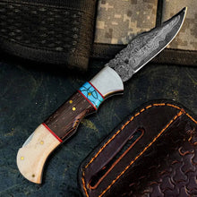 Load image into Gallery viewer, Damascus Hunting Pocket Knife with Camel Bone, Wenge &amp; Resin Handle