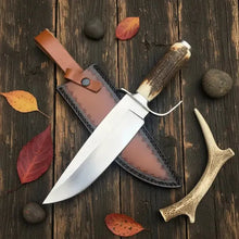 Load image into Gallery viewer, Handmade D2 Steel Bowie Knife – Natural Antler Handle &amp; Leather Sheath