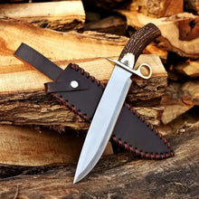 Load image into Gallery viewer, D2 Steel Bowie Knife – Mirror Polish, Stag Antler Handle &amp; Leather Sheath