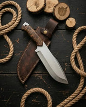 Load image into Gallery viewer, Handmade D2 Steel Bowie Knife – Stabilized Burl Wood Handle &amp; Leather Sheath