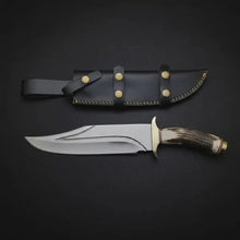 Load image into Gallery viewer, D2 Steel Bowie Knife – Twin Fuller Blade, Stag Antler Handle &amp; Leather Sheath