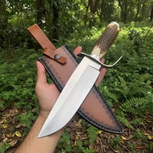 Load image into Gallery viewer, Handmade D2 Steel Bowie Knife – Natural Antler Handle &amp; Leather Sheath