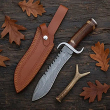 Load image into Gallery viewer, Handmade Damascus Bowie Knife – Antler &amp; Rosewood Handle, Serrated Spine