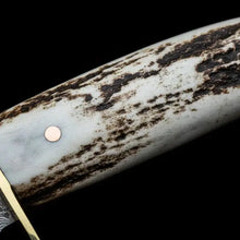 Load image into Gallery viewer, Handmade Damascus Bowie Knife – Stag Antler Handle, Brass Guard &amp; Leather Sheath