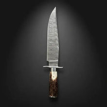 Load image into Gallery viewer, Hand-Forged Damascus Bowie Knife – Stag Horn Handle &amp; Steel Cross Guard