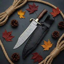 Load image into Gallery viewer, Handmade Damascus Bowie Knife – Rosewood Handle, Brass Guard &amp; Leather Sheath