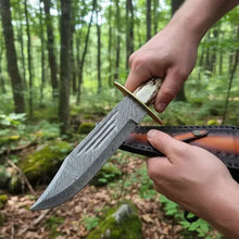 Load image into Gallery viewer, Handmade Damascus Bowie Knife – Stag Antler Handle, Brass Guard &amp; Leather Sheath