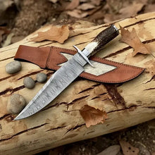 Load image into Gallery viewer, Hand-Forged Damascus Bowie Knife – Stag Horn Handle &amp; Steel Cross Guard