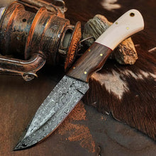 Load image into Gallery viewer, 9.2" Handmade Damascus Bushcraft Knife – Full Tang Wood Handle &amp; Sheath