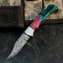Load image into Gallery viewer, Damascus Folding Pocket Knife with Resin Handle | Handmade Hunting Knife
