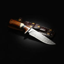Load image into Gallery viewer, Handmade Damascus Hunting Knife – Rosewood Handle, Feather Pattern &amp; Leather Sheath