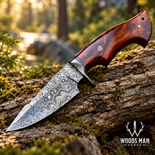 Load image into Gallery viewer, Damascus Field Dressing Knife with Wooden Handle &amp; Leather Sheath