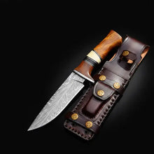 Load image into Gallery viewer, Handmade Damascus Hunting Knife – Rosewood Handle, Feather Pattern &amp; Leather Sheath