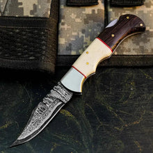 Load image into Gallery viewer, Damascus Folding Hunting Knife with Wenge &amp; Camel Bone Handle