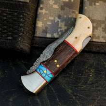 Load image into Gallery viewer, Damascus Hunting Pocket Knife with Camel Bone, Wenge &amp; Resin Handle