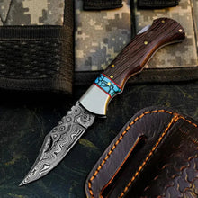 Load image into Gallery viewer, Damascus Folding Hunting Pocket Knife – Wenge Wood Handle