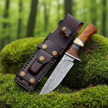 Load image into Gallery viewer, Handmade Damascus Hunting Knife – Rosewood Handle, Feather Pattern &amp; Leather Sheath