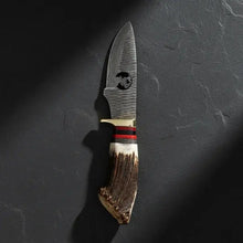 Load image into Gallery viewer, Handmade Damascus Skinner Knife – Stag Antler Handle &amp; Leather Sheath