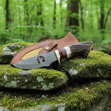 Load image into Gallery viewer, Handmade Damascus Skinner Knife – Stag Antler Handle &amp; Leather Sheath