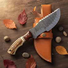 Load image into Gallery viewer, Hand Forged Damascus Tracker Knife with Genuine Stag Antler Handle