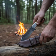 Load image into Gallery viewer, Hand-Forged Damascus Tracker Hunting Knife – Burned Bone Handle &amp; Leather Sheath