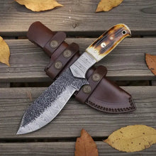 Load image into Gallery viewer, Hand-Forged Damascus Tracker Hunting Knife – Burned Bone Handle &amp; Leather Sheath