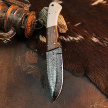 Load image into Gallery viewer, 9.2" Handmade Damascus Bushcraft Knife – Full Tang Wood Handle &amp; Sheath