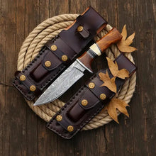 Load image into Gallery viewer, Handmade Damascus Hunting Knife – Rosewood Handle, Feather Pattern &amp; Leather Sheath