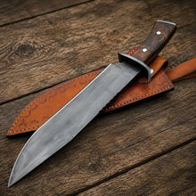 Load image into Gallery viewer, Hand Forged Bowie Hunting Knife with Wooden Handle &amp; Leather Sheath