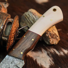 Load image into Gallery viewer, 9.2" Handmade Damascus Bushcraft Knife – Full Tang Wood Handle &amp; Sheath
