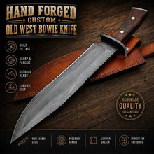 Load image into Gallery viewer, Hand Forged Bowie Hunting Knife with Wooden Handle &amp; Leather Sheath