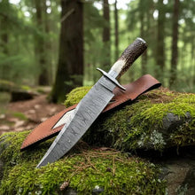Load image into Gallery viewer, Hand-Forged Damascus Bowie Knife – Stag Horn Handle &amp; Steel Cross Guard