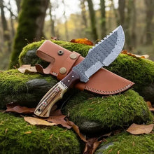Load image into Gallery viewer, Hand Forged Damascus Tracker Knife with Genuine Stag Antler Handle