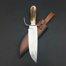 Load image into Gallery viewer, Handmade D2 Steel Bowie Knife – Natural Antler Handle &amp; Leather Sheath