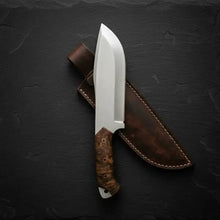 Load image into Gallery viewer, Handmade D2 Steel Bowie Knife – Stabilized Burl Wood Handle &amp; Leather Sheath