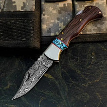 Load image into Gallery viewer, Damascus Folding Hunting Pocket Knife – Wenge Wood Handle