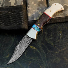 Load image into Gallery viewer, Damascus Hunting Pocket Knife with Camel Bone, Wenge &amp; Resin Handle
