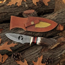 Load image into Gallery viewer, Handmade Damascus Skinner Knife – Stag Antler Handle &amp; Leather Sheath
