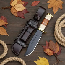Load image into Gallery viewer, Handmade Fixed Blade Hunting Knife – Stacked Leather Handle &amp; Black Leather Sheath