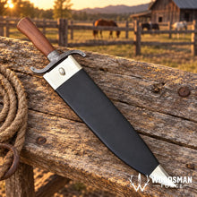 Load image into Gallery viewer, Ironwood Twisted Damascus Bowie Knife – Walnut Handle &amp; Leather Sheath
