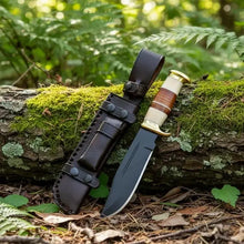 Load image into Gallery viewer, Handmade Fixed Blade Hunting Knife – Stacked Leather Handle &amp; Black Leather Sheath