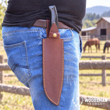 Load image into Gallery viewer, Ironbark Bushcraft Knife – Burlap Micarta Handle &amp; Cowhide Sheath