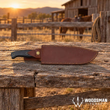 Load image into Gallery viewer, Ironbark Bushcraft Knife – Burlap Micarta Handle &amp; Cowhide Sheath