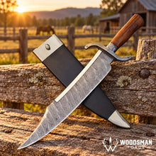 Load image into Gallery viewer, Ironwood Twisted Damascus Bowie Knife – Walnut Handle &amp; Leather Sheath