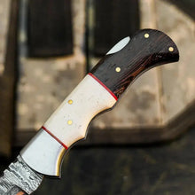 Load image into Gallery viewer, Damascus Folding Hunting Knife with Wenge &amp; Camel Bone Handle